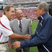 Image of Coach Nick Saban, retired Coach Bobby Bowden and late Coach Joe Paterno before the Alabama v Penn State game in 2010. (Zimbio)